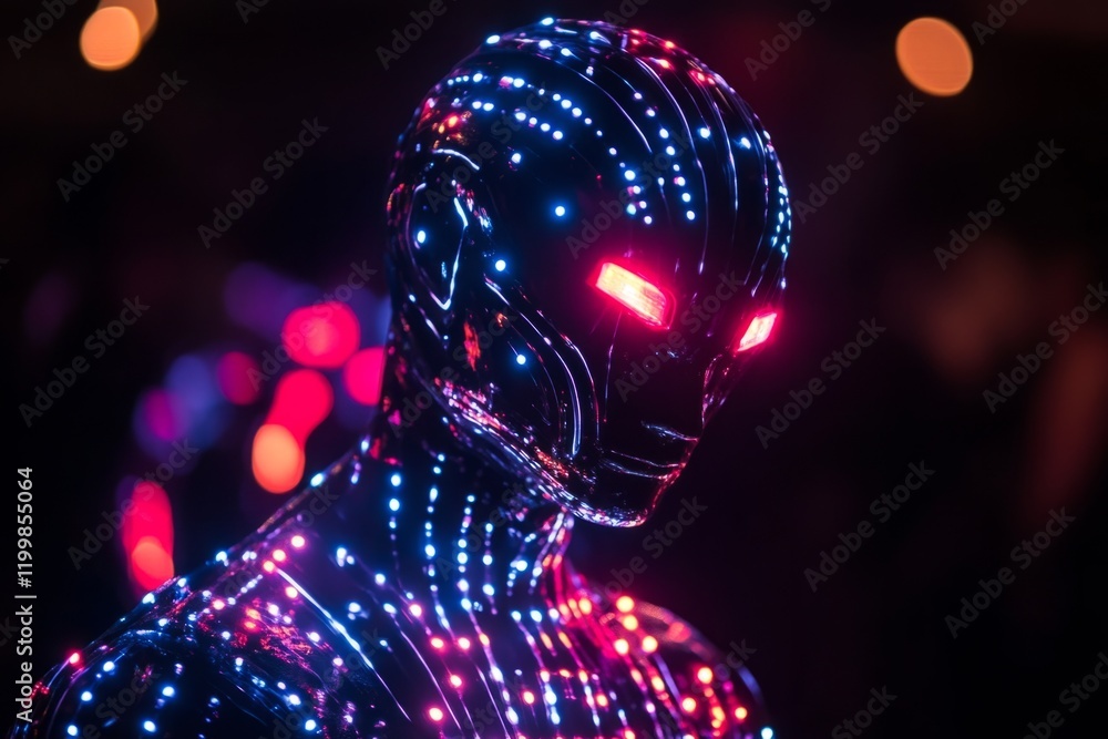 Poster futuristic robot showing artificial intelligence glowing in the dark with led lights