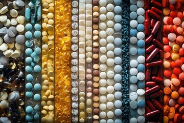Colorful assortment of various pills and capsules arranged neatly on a surface for display and study