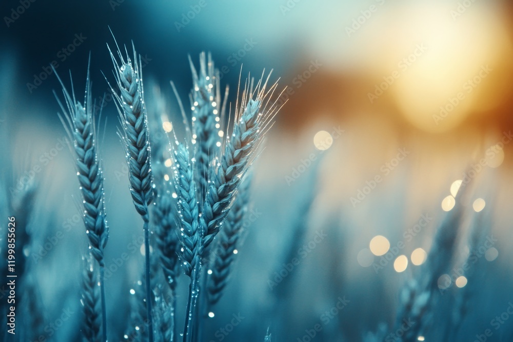 Poster a close-up of morning dew glistening on the stalks of wheat, with the soft light creating a magical 