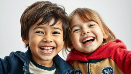Portrait of two children joyful and having fun isolated on transparent background