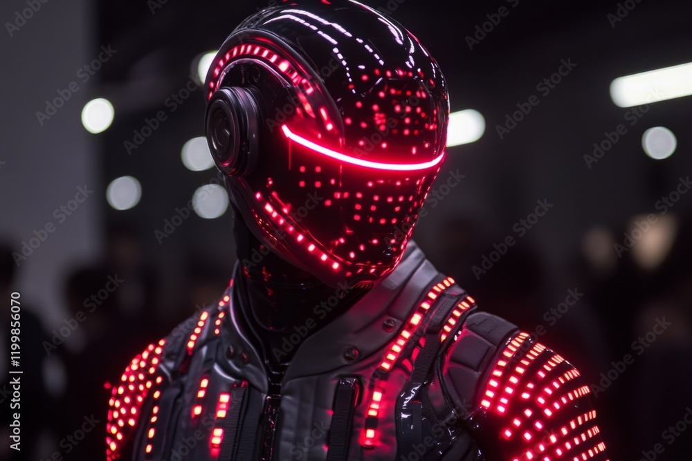 Poster futuristic robot with pink led lights showing artificial intelligence and technological evolution