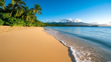 Peaceful beach with smooth sand and gentle waves glowing in the soft light of an early morning sunrise 
