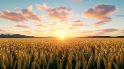 Obraz premium Realistic photo of a golden wheat field swaying gently under a soft pastel sunset sky with glowing atmospheric light creating a calm mood 