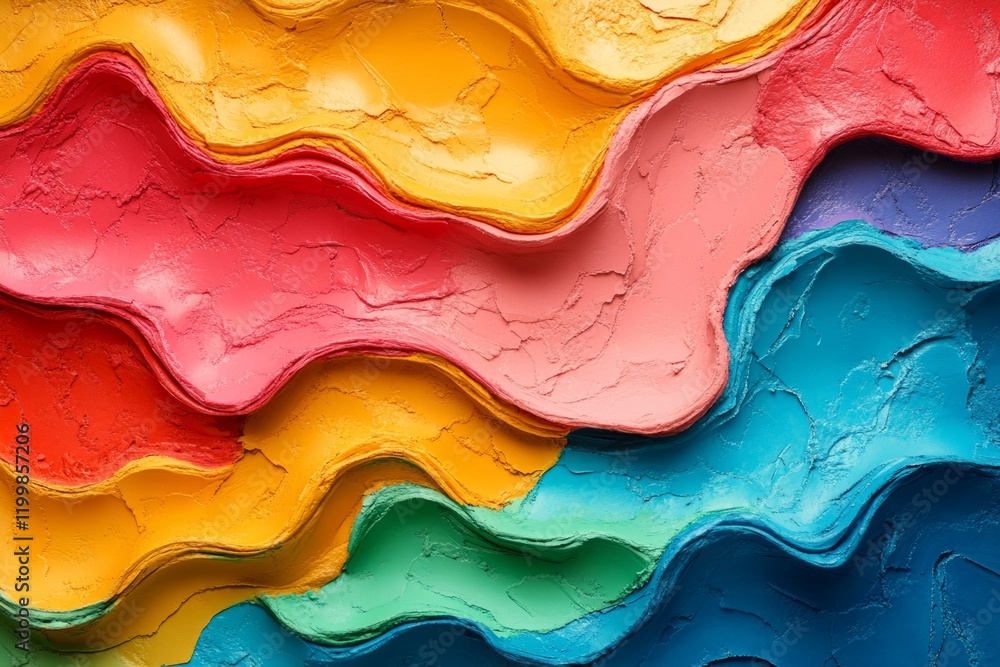 Poster Thick layers of colorful modeling clay creating a wavy textured abstract background, perfect for any project needing a vibrant and artistic touch