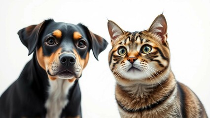 Portrait of a dog and a cat looking at the camera in front of a white background