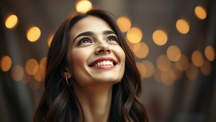 Fototapeta premium Portrait of a beautiful woman with a happy smile and looking up isolated on a transparent background
