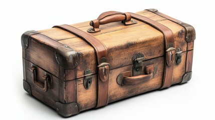 A vintage-style wooden suitcase with leather straps, isolated on a crisp white background 