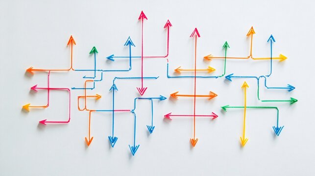 A flowchart drawn in thin lines with arrows pointing in various directions, symbolizing strategy, on a light background