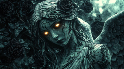 Naklejka premium melancholic angel statue with dark cracks and glowing eyes, surrounded by roses, evokes haunting beauty