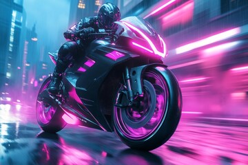 A cyberpunk-inspired wheel glowing with neon purple and blue lights, designed for a high-tech motorcycle in a dark, futuristic city