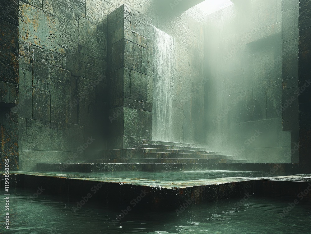Poster a mysterious, ancient stone chamber with a waterfall cascading into a pool. ideal for fantasy or sci