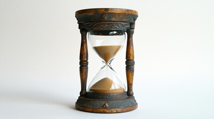 A modern hourglass with sand midway, symbolizing time management in strategies, on a simple backdrop