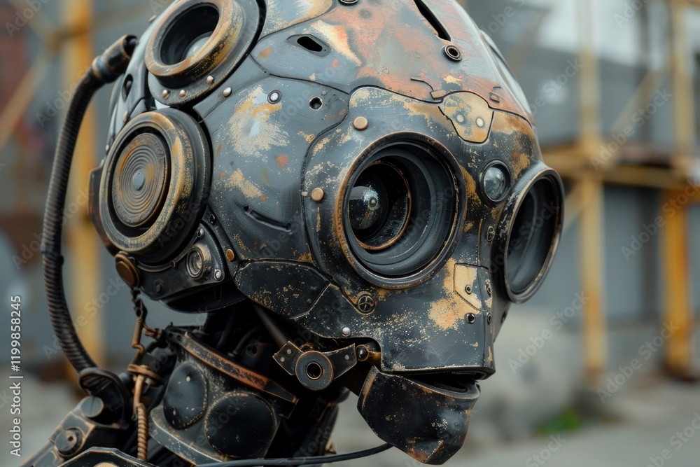 Poster close up of a steampunk robot head showcasing advanced ai technology and futuristic design