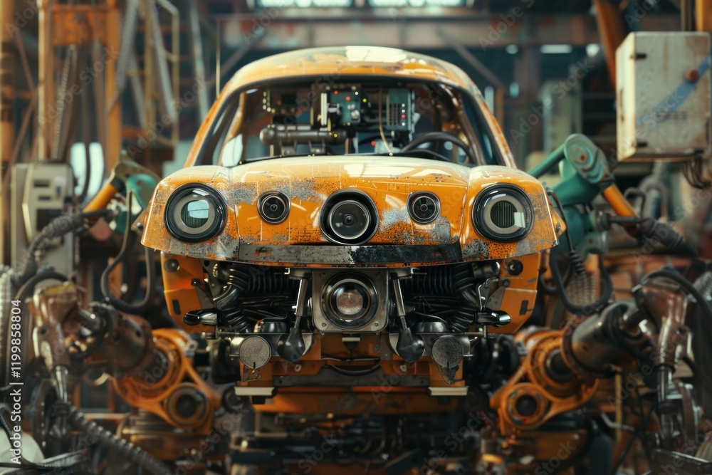 Poster robotic arms assembling futuristic self driving vehicle in automated car factory