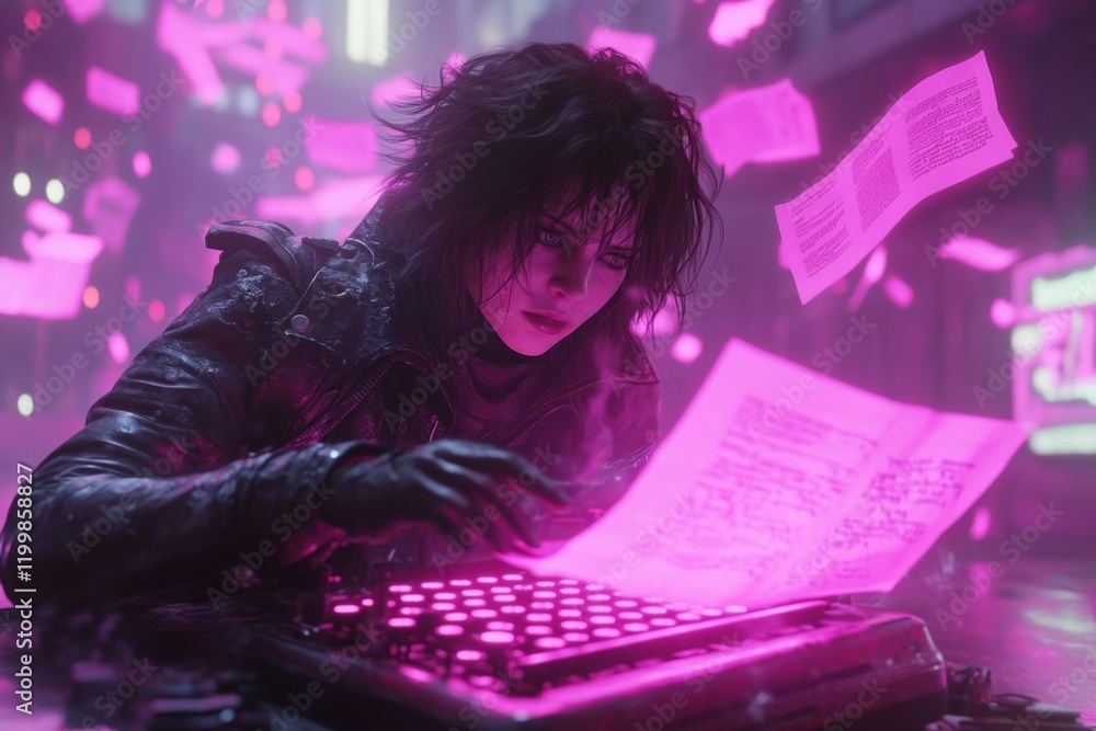 Poster a cyberpunk-themed writer working in a neon-lit room, typing on a futuristic glowing typewriter, wit