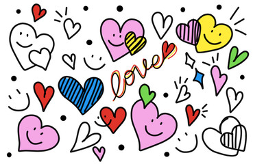 Set of heart shape doodle isolated on white.Seamless background of hand drawn stylized hearts, Valentine's day greeting card.
