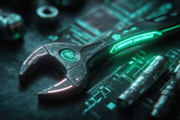 A cyberpunk-themed wrench with glowing neon-purple and green highlights, surrounded by holographic blueprints in a dark urban setting