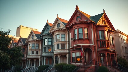 Fototapeta premium San Francisco Victorian Houses: Golden Hour Charm, Photorealistic AI Art