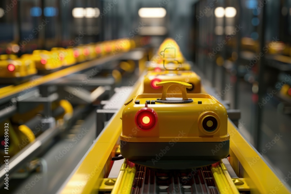 Poster yellow agvs transporting goods in modern factory using automated production system