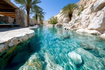 A desert oasis surrounded by palm trees, with crystal-clear water in the middle of the sand