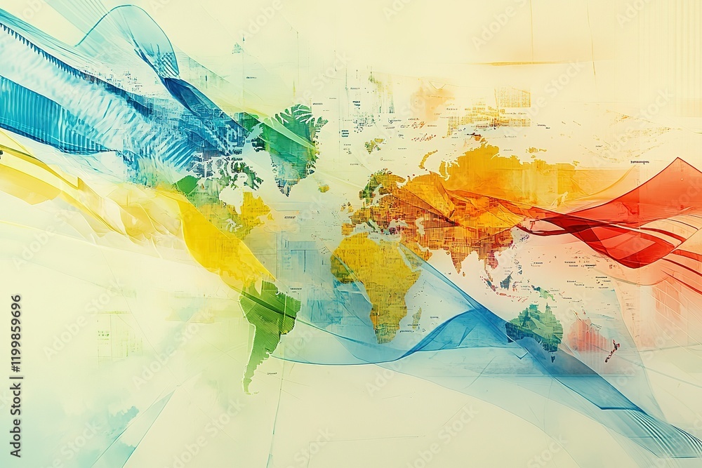 Poster abstract world map with colorful flowing lines