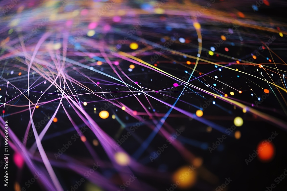 Poster abstract colorful lines and dots on black background
