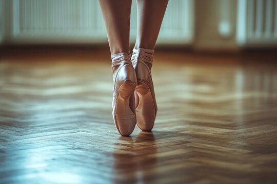 Ballet dancer feet wearing pointe shoes standing on the tips of her toes on a polished wooden parquet studio floor