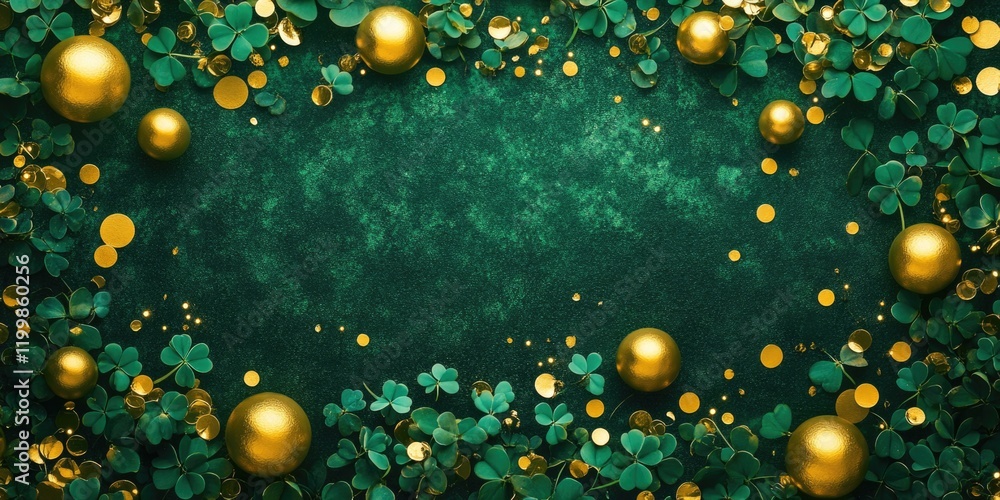 Wall mural Gold balls on shamrock leaves background