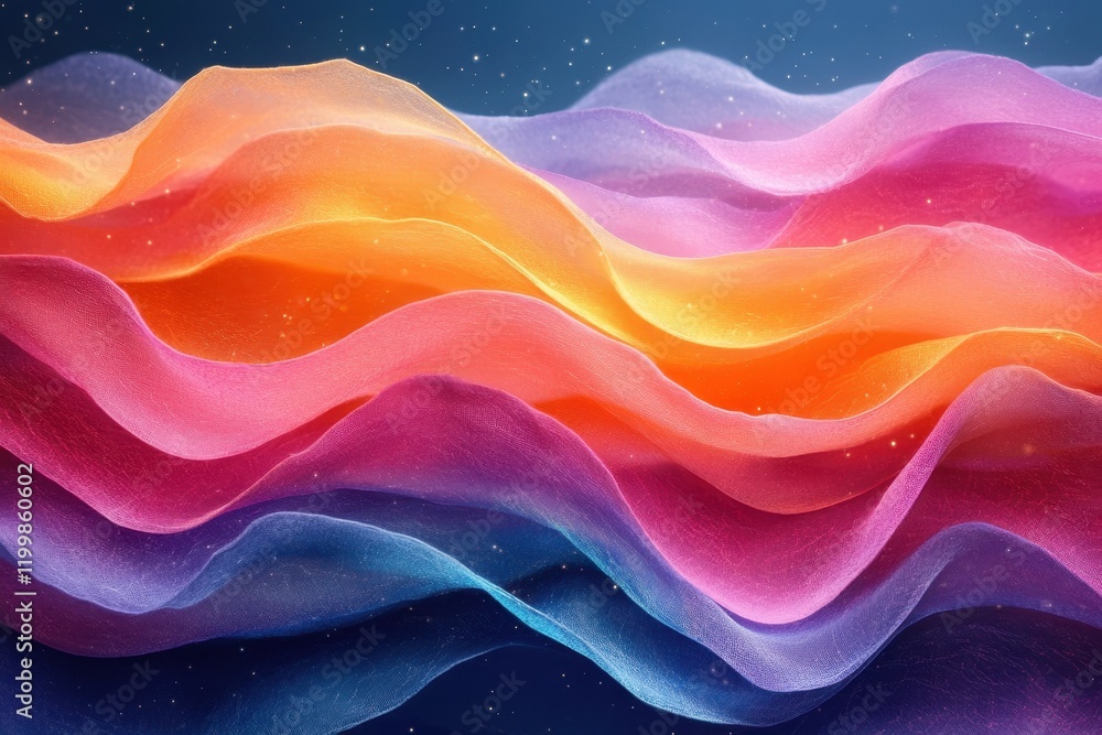 Poster colorful flowing waves create a mesmerizing abstract landscape with rich hues and gradients in a dre