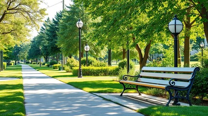 Obraz premium Suburban Park Scene - Green Space, Bench, Light