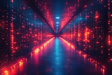 Futuristic data center corridor illuminated by vibrant red and blue lights at night