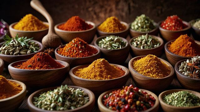 An array of vibrant spices and herbs sit in wooden spoons against a vivid backdrop, showcasing a diverse range of flavors and colors. This stunning photograph captures the essence of culinary variety 