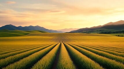 Fototapeta premium Rolling lavender fields at sunset with soft golden light gentle hills and a calm horizon evoking peaceful meditation 