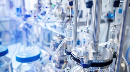 A sophisticated industrial biopharmaceutical research institute with scientists developing vaccines and biologics using advanced biotech techniques, Biopharmaceutical research institute scene