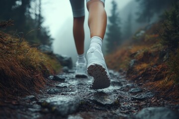Close-up of hiking shoes walking on a rocky trail in a misty forest, demonstrating the concept of outdoor adventure