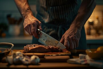 A man is cutting meat on a cutting board