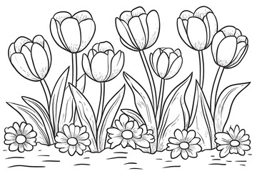 Line Art Drawing of Tulips and Daisies in Spring Garden