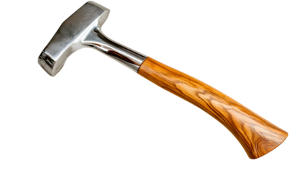 A realistic 3D model of a hammer with a wooden handle and polished metal head displayed in the center of a transparent background 
