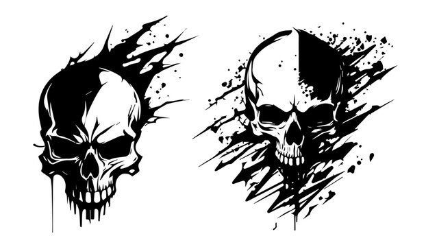 grunge skull illustrations with splatter effects, black and white design