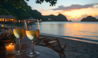 Sunset beach wine toast, tropical resort