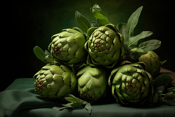 Obraz premium A close up of fresh green artichokes with their natural leaves, arranged artistically on a dark green background.
