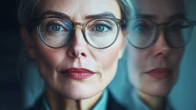 A professional businesswoman is wearing eyeglasses, and the camera captures her reflection. Her determined expression communicates her focus and determination. 