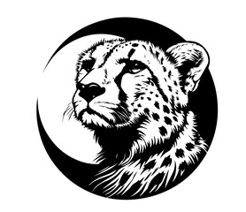 cheetah head in circular composition, black and white silhouette illustration © Kaz
