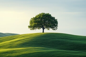 Fototapeta premium Green tree stands alone on hills under a clear sky during a serene morning