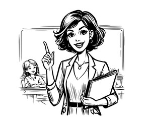 smiling female teacher in classroom, black and white hand-drawn illustration