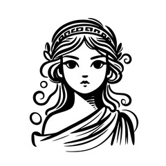 ancient greek woman portrait with laurel wreath, black and white illustration