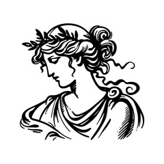classical woman portrait with laurel wreath, black and white vintage engraving