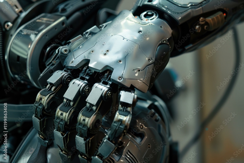 Aufkleber metallic robotic hand showcasing intricate design and potential for complex tasks