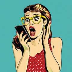 Shocked woman in pop art style on phone, gasping in surprise, red dress, yellow glasses.