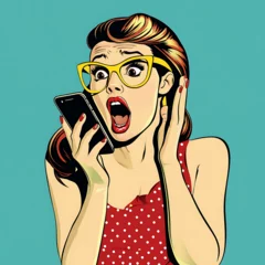  Shocked woman in pop art style on phone, gasping in surprise, red dress, yellow glasses. © cloudy